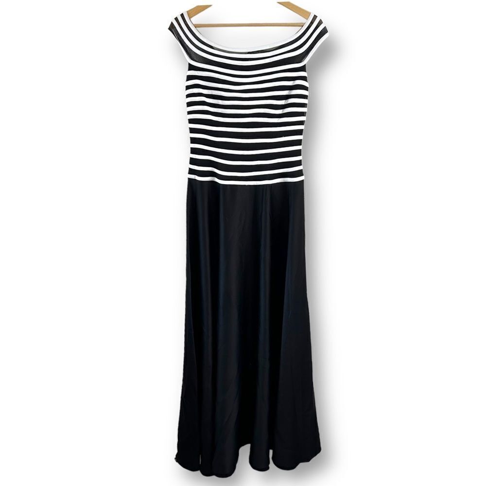 JS Collections off shoulder black and white stripe bodice maxi dress size 10‎